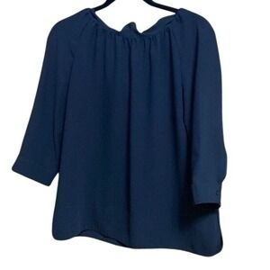 Estee Lauder Women's Medium Navy Blue Ruffle Neck 3/4 Length Sleeve RARE VINTAGE